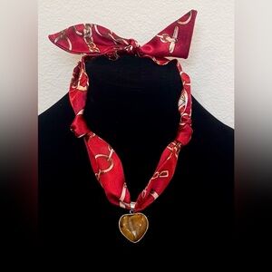 Scarf necklace with tiger eye heart pendant